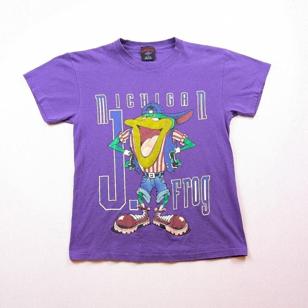 Vintage Michigan J Frog Cartoon Tshirt Purple Green Size Small Baby Tee